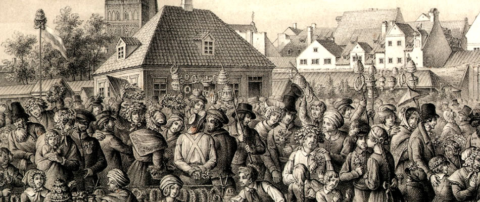 Zāļu vakars Rīgā. 1842. gads. Teodora Heinriha Rikmana litogrāfija.